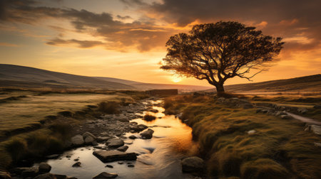 a tree stands tall in a field at sunset, showcasing the enchanting beauty of scottish landscapes. this uhd image by kieran yanner captures the essence of romantic and dramatic landscapes, with sparkling water reflections adding to the mesmerizing scene. the orange and amber hues create a captivating atmosphere, complemented by the flowing textures of the surroundings. ai generatedの素材