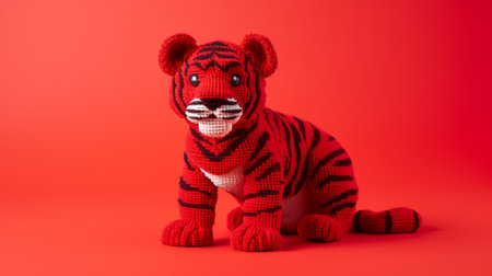 a toy tiger made of beads and yarn, featuring hyper-realistic details and traditional techniques reimagined. the vibrant red background adds a bold and daring touch to the composition. this unique piece showcases a combination of grid work, knitting, crocheting, and voxel art, resulting in a visually striking and intricate design. ai generatedの素材