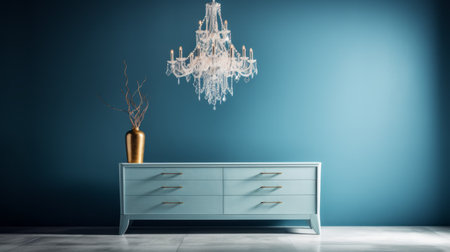 the dresser and chandelier in the blue room showcase a vintage minimalism style. the dark aquamarine color of the room creates a dramatic backdrop for the realistic still lifes. the lighting adds a touch of intensity to the scene. the light gray and gold accents provide a subtle yet elegant contrast. this high-resolution image captures the bold color contrasts beautifully. ai generatedの素材