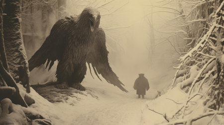 a man walks down snowy paths as an ogre approaches in this hauntingly beautiful sepia-toned illustration. the life-like avian style captures the gigantic scale of the mythical beast, creating a movie still-like atmosphere. the dark gray tones add to the overall mysterious and captivating ambiance of the image. ai generatedの素材