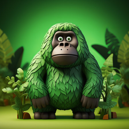 a small gorilla character is depicted in a jungle setting, surrounded by adorable toy sculptures. the image showcases volumetric lighting, with a light green color palette. the gorilla character is created using zbrush, and its appearance is inspired by nature, featuring a vibrant and cartoonish style. the overall composition is grid-based, adding an interesting visual element to the scene. ai generatedの素材