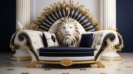 a stunning photorealistic rendering of a luxurious, white and navy king-sized chair adorned with a majestic lion motif. this golden age-inspired piece showcases exquisite geometry and attention to detail. the high-quality photo captures the essence of opulence and elegance, reminiscent of the artistic movement known as dau al set. ai generatedの素材