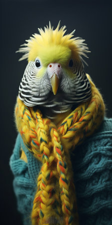golden budgie bird wearing a knitted jumper perched on a branch at sunrise. this attention-grabbing image showcases the intricate texture of its fur and feathers. processed with darktable, the uhd photo captures the essence of the contest-winning moment. the bird's attire, a combination of knitted and crocheted design, adds a touch of uniqueness. inspired by the tanbi kei style, this photo is reminiscent of theの素材