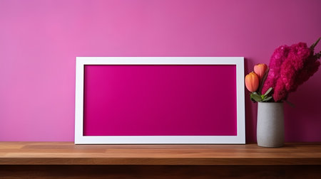 empty frame on top of a pink table adorned with vibrant flowers. the dark magenta and white color scheme adds a bold touch to the handcrafted objects. this large-scale display combines humor and heart, showcasing the art of collecting and various modes of display. inspired by the works of hans memling, the colorful gradients create a visually striking composition. ai generatedの素材
