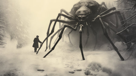 a man gazes at a colossal spider in a snow-covered landscape, evoking a dystopian atmosphere. this hyper-realistic sci-fi photograph captures the essence of the interwar period (1918-1939) with its large format film aesthetic. the mist adds an eerie touch to the candid shot, creating a captivating scene that merges famous figures with a surreal encounter. ai generatedの素材