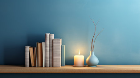 books and vase placed beside a flickering candle on a wall, featuring a serene and calming ambiance. the image showcases realistic interiors with a light teal and dark sky-blue color scheme. the uhd image captures simplistic designs, incorporating light navy and light brown tones. the loose handling of paint adds to the overall aesthetic. ai generatedの素材