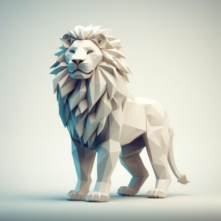 a polygonal cartoon low poly lion, rendered in cinema4d, showcases a blend of realistic and hyper-detailed renderings. the lion features a striking combination of dark white and light white colors, highlighting its intricate design. with influences from industrial and product design, this precisionist creation captivates with its simple yet powerful forms. the image is enhanced by a low depth of field, adding depth and focusの素材