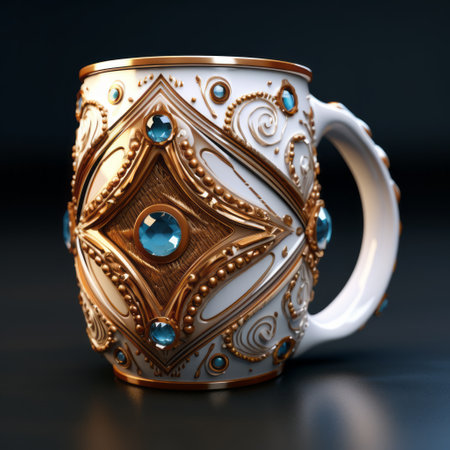 blue sapphire crystal ornament mug, rendered in cinema4d, features a captivating blend of dark white and gold. with photorealistic details, the mug showcases a mesmerizing combination of light brown and turquoise. this artwork seamlessly combines realism with fantasy elements, incorporating symbolic props and a texture-rich design. ai generatedの素材