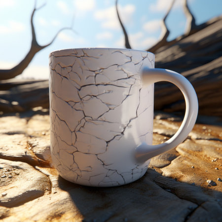 a 3d model of a cup created by drew studio for c4d, featuring a naturalistic landscape background style. the cup appears cracked and was captured with a nikon d750 camera. the photo showcases dry wit humor and a hard edge painting aesthetic. the image is in uhd resolution and was processed using adox silvermax. ai generatedの素材