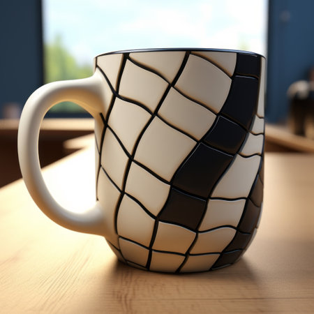 a 3d model of a coffee mug made from ice cream, featuring a unique black and white design. the mug showcases a captivating blend of animated mosaics, rustic abstraction, and luminous shadowing. this creative commons attribution piece is reminiscent of freehand painting, with elements of cubo-futurism and cracked textures. ai generatedの素材