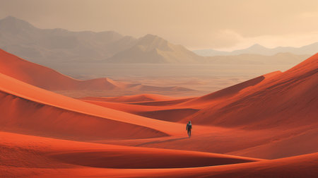 a man walks through a captivating desert landscape, captured in the style of light red landscape photography. the image showcases the use of a zeiss batis 18mm f2.8 lens, resulting in exotic fantasy landscapes. the scene is enhanced by a romanticized atmosphere, with a warm color palette that adds to the sleek and alluring aesthetic. ai generatedの素材