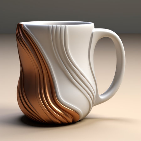 a large white coffee mug featuring a curving white design on top, reminiscent of daz3d style. the mug is crafted with light bronze and bronze materials, giving it a unique and eye-catching appearance. the photo showcases the mug's use of common materials, with a focus on their texture and finish. the sketch-like quality of the design adds an artistic touch, while the unmodulated color andの素材