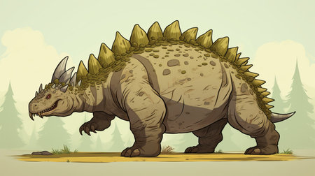 a dinosaur stands amidst a forest, resembling spiky mounds in a caricature-like style. the dinosaur is bugcore-themed, with a combination of light yellow and light brown hues. the scene is captured in a panoramic scale, showcasing traincore elements and forced perspective drawings. ai generatedの素材