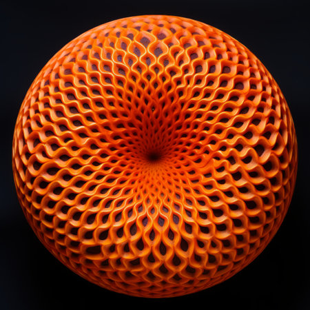 an orange origami sphere sits on a dark surface, showcasing its intricate design. this organic sculpture, reminiscent of woven and perforated patterns, is part of a spiral group. meticulous linework precision is evident in this colorful woodcarving, although it is actually made of plastic. ai generatedの素材