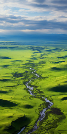 aerial view of the green grass in the style of northern china's terrain, showcasing fluid and flowing lines. this national geographic photo captures the vibrant colors of dark azure and yellow, reminiscent of the australian landscape. the image also features flowing fabrics, adding a sense of movement and dynamism to the scene. ai generatedの素材
