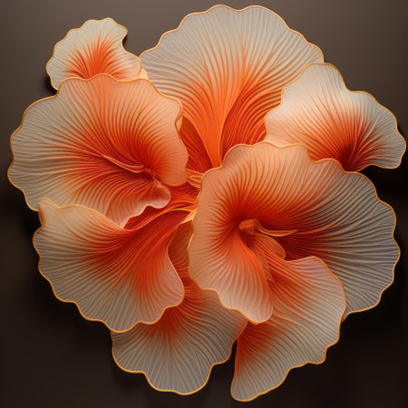 a hyper-detailed rendering of a flower pattern model, showcasing graceful forms and striated resin veins. the light white and orange hues add depth to the layers, while the surrealistic elements create a captivating visual experience. captured using the tokina opera 50mm f14 ff lens, this photo beautifully merges realistic and artistic elements. ai generatedの素材