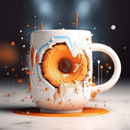 a coffee cup, covered in vibrant orange paint, showcases a unique blend of photobashing and cartoon compositions. this melting pot of creativity is rendered in cinema4d, employing photo-realistic techniques. the result is an eye-catching and innovative page design that captivates the viewer's attention. ai generatedの素材