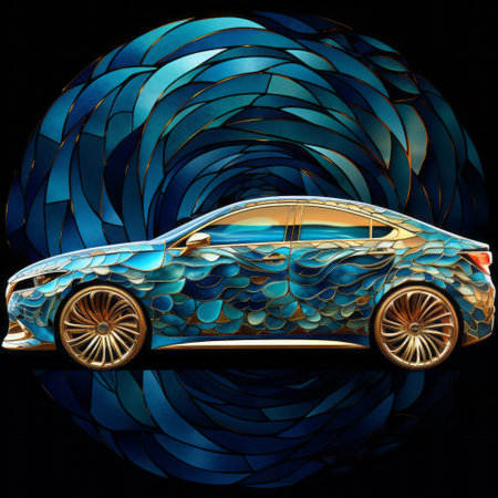 a car with a circular design resembling illusory wallpaper portraits. the futuristic chromatic waves and luminous glazes create a mesmerizing effect. the intertwining materials, including light bronze and indigo, add depth to the muralist-inspired composition. the image showcases the technique of focus stacking, resulting in a captivating visual. ai generatedの素材