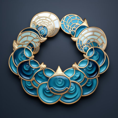 blue and gold pendant decorative element with a touch of realism and surrealistic elements. this futuristic design features chromatic waves inspired by ancient chinese art. created using cinema4d, the porcelain pendant showcases circular shapes in a captivating dark turquoise hue. ai generatedの素材