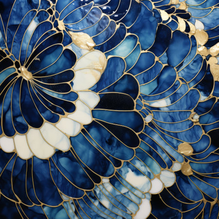 a photo of a stunning installation featuring gold and blue flowers with epoxies and intricate details. the organic shapes and curved lines create a mosaic-like composition, showcasing the fine feather details. the dark white and aquamarine hues add depth to the overall design. this masterpiece is the creation of a talented installation artist, incorporating dark blue and sky-blue elements. ai generatedの素材