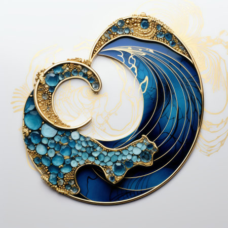a pendant featuring blue seashells and gold, designed in a futuristic style with chromatic waves. the intricate ink illustrations showcase flowing silhouettes, dragon art, and highly detailed elements. the use of palette knives adds depth and texture, while paper sculptures enhance the overall design. ai generatedの素材
