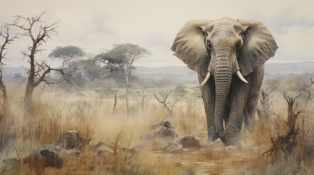 a dusty grassy field with trees near an elephant, captured in a hyper-realistic style reminiscent of grandeur and scale. this stunning illustration by michael komarck and richard schmid showcases their expertise in detailed character illustrations, while also highlighting the hyper-realistic water element. bob eggleton's influence can be seen in the overall composition and attention to detail. ai generatedの素材