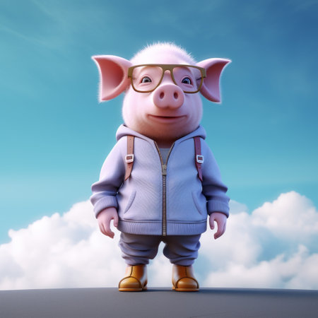 a cartoony pig wearing blue pants and glasses stands outdoors, showcasing a unique blend of vray tracing, atmospheric clouds, and innovative techniques. this artwork by bill gekas combines elements of normcore and a mashup of styles, capturing the pig's strong facial expression. ai generatedの素材