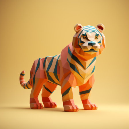 high polygonal tiger sculpture in a vibrant yellow background, showcasing a multi-colored minimalistic style. this hyper-realistic 3d render, created in cinema4d, features a playful character design with light red and dark cyan accents. the tiger's intricate details and simplistic yet captivating form make it reminiscent of miniature sculptures. ai generatedの素材