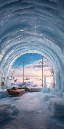 an ice cave with a breathtaking view of the ocean stretching as far as the eye can see. this stunning photo captures the beauty of norwegian nature, showcasing the grandiose cityscape views through the windows. the detailed skies and the romantic interiors add a touch of elegance to this mesmerizing scene. ai generatedの素材
