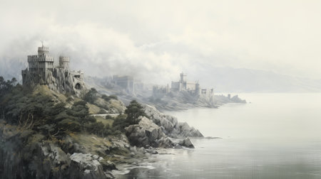 a stunning painting by nadav kander depicting a castle perched on a mountain ridge, gazing over the vast ocean. the artwork showcases kander's signature style of post-apocalyptic landscapes, with a color palette dominated by light gray and gray tones. inspired by the northern and southern dynasties, this realistic cityscape captures the eerie beauty of mist-covered surroundings, while the photorealistic detail adds depth to the composition.の素材