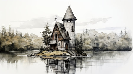 a sketch of a gothic steampunk-style cottage on an island in a lake. this precise and detailed architecture painting by esao andrews captures the minimalistic serenity of the scene. the stained-glass windows and medieval inspiration add a touch of uniqueness to the high-resolution artwork. ai generatedの素材