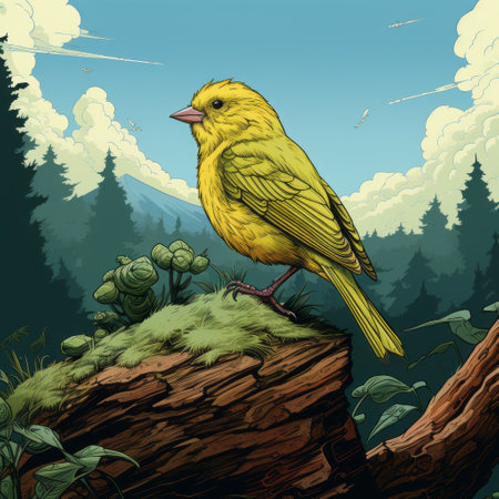 a yellow bird perched on a tree stump, depicted in a highly detailed illustration style. the fictional landscape surrounding it showcases a sublime wilderness, with intricate skies and vibrant colors. the scientific illustration features bold lines, capturing the intricate details of the bird and its surroundings. ai generatedの素材
