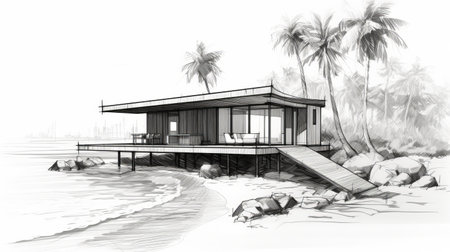 an island house sketch illustration in vector psd format, showcasing the style of vray tracing, zeiss ikon zm, engineering construction and design. the artwork captures the essence of reefwave, adox silvermax, and realistic rendering techniques, resulting in a visually stunning and physically based rendering. ai generatedの素材