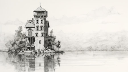 a new digital sketch captures a lighthouse on a boat amidst the serene waters. this detailed architectural drawing, reminiscent of stephen shore's style, features subtle ink wash techniques. the haunting houses and the large canvas format add depth to the composition, while the influence of eastman johnson is evident in the reflections and mirroring effect. ai generatedの素材