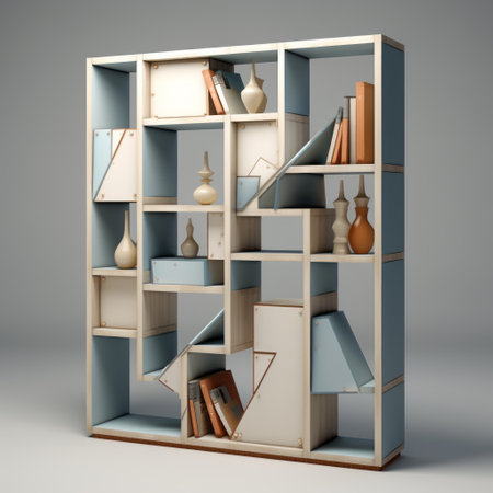 a tall storage shelf featuring cubist geometric fragmentation style, showcasing a mix of dark sky-blue and light beige colors. the photorealistic details highlight books and portfolios neatly arranged within the shelves. the design incorporates smooth and curved lines, creating a luxurious geometry amidst the organized chaos. ai generatedの素材