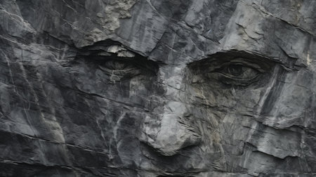 a stone statue features a meticulously carved face, resembling illusory wallpaper portraits. the photorealistic detail captures the essence of dark and foreboding landscapes, reminiscent of national geographic photos. the use of paper and charcoal drawing techniques adds depth to the image, which is showcased in stunning 8k resolution. ai generatedの素材