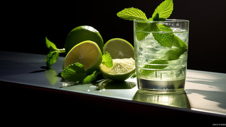 a glass of refreshing mint, lime, and sugar is beautifully captured in this darkroom-style photograph. with its 32k uhd resolution, the image showcases the intricate details of the drink. the use of schlieren and backlit photography techniques adds depth and highlights the sterling silver accents. this composition not only emphasizes functionality but also exudes a touch of hispanicore aesthetic. ai generatedの素材