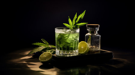 cocktail featuring lime and cbd leaf garnish, captured in the artistic style of ilford sfx. this vibrant image showcases the green academia theme with its intense lighting and shadow play. created by the talented photographer mike campau, this uhd image has the quality of an associated press photo, reminiscent of the works of serge marshennikov. ai generatedの素材