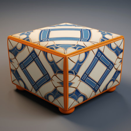 geometric cube box with blue and blue stripes, featuring baroque-inspired ornamentation. this photorealistic rendering showcases conceptual embroideries in light orange and white, reminiscent of ottoman art. rendered in unreal engine, this 3d model can be viewed on sketchfab. ai generatedの素材