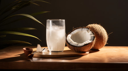 a photo of a refreshing drink made with water poured into a whole coconut, surrounded by green leaves. the composition is reminiscent of the style of caras ionut, with elements of focus stacking and the influence of nc wyeth. the color palette includes light pink and light gray, while the textures feature layered fibers. the lighting creates a contrast between light white and light black,の素材