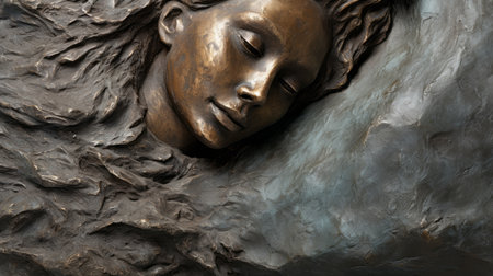 a 30-inch bronze sculpture of a person sleeping, crafted in the style of detailed atmospheric portraits by kerem beyit. this artwork, with blink-and-you-miss-it detail reminiscent of erica hopper's work, showcases serene faces in a combination of bronze and azure. a masterpiece by marguerite blasingame. ai generatedの素材