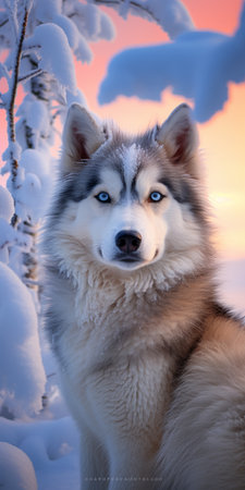 a stunning husky dog stands on a snow-covered deck, creating a captivating portrait. the image showcases a combination of light blue and light amber tones, enhanced with a touch of light magenta and silver. taken with a nikon af600, this contest-winning photograph is presented in 32k uhd resolution and digitally enhanced for an epic visual experience. ai generatedの素材