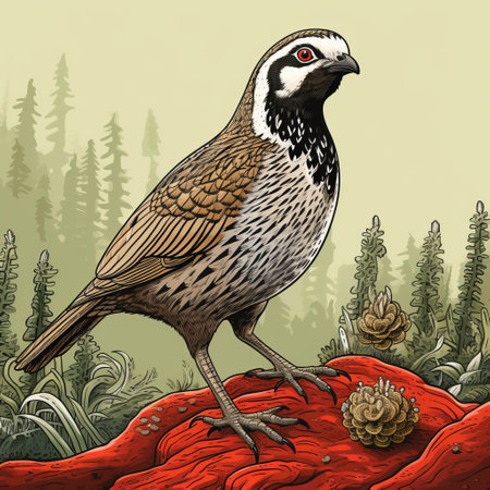 a bird perches on the edge of the forest, captured in a hyper-detailed illustration style. the image showcases saturated color fields in dark beige and red, creating a visually striking composition. the bird's portrait is hyperrealistic, highlighting intricate details of its feathers and features. the overall aesthetic of the artwork is reminiscent of biomorphic forms and the whistlerian style, resulting in a captivating and visuallyの素材