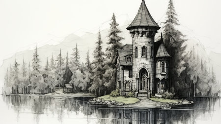 old castle sketch in a forest, featuring hyper-realistic water, gothic chic, manga-inspired elements, realist detail, 2d game art, ink wash paintings, and romantic riverscapes. ai generatedの素材