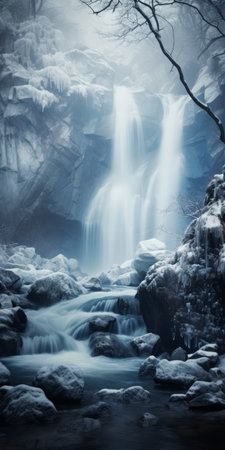snowy arctic waterfall covered in snow, captured in the ethereal fantasy style by photographer raphael lacoste. this matte photo showcases a mesmerizing blend of light silver and dark navy tones, creating an immersive environment reminiscent of a contemporary fairy tale. shot with the sony alpha a1, this image transports viewers to a captivating winter wonderland. ai generatedの素材