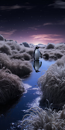 a penguin stands in water, surrounded by surreal and dreamlike landscapes. captured with the zeiss batis 18mm f2.8 lens, the photo showcases soft renderings and intensely detailed features. the luminist landscapes and emotive fields of color create a mesmerizing scene, reminiscent of snow-covered environments. ai generatedの素材