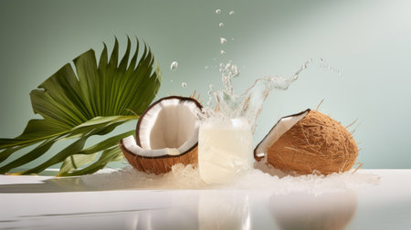 coconut water and coconut milk blend together in a captivating photo, as a splash of the mixture meets the sea water inside a glass. this unique composition showcases the contrast between the two liquids, with their light beige and beige tones. the image, created with jagged edges and softbox lighting, exudes a commercial and botanical accuracy, making it a visually striking piece. ai generatedの素材