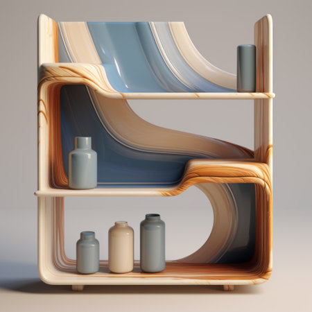 a shelf featuring large glasses and bottles, designed by yoel seviortai, showcases a futuristic chromatic wave style. the colors of light indigo and dark beige create a mesmerizing effect. created using zbrush, the design incorporates swirling colors, smooth curves, and multilayered dimensions. the image is enhanced through focus stacking techniques. ai generatedの素材