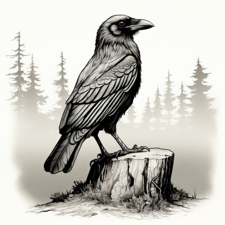 a black and white print featuring a realistic and detailed rendering of a crow perched on a stump, with trees in the background. the composition has a touch of cartoon-like elements, while maintaining a realistic usage of light and color. the high-resolution image showcases intricate details reminiscent of necronomicon illustrations, with a touch of whistlerian style. ai generatedの素材