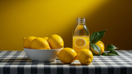 lemons on a plate, showcased against a checkered tablecloth, capture the essence of realistic still lifes. the dramatic lighting enhances their vibrant chromaticity, while the monochromatic compositions add a touch of elegance. the organic arrangement of the lemons creates a visually pleasing and harmonious composition. the hyper-realistic depiction of water adds a captivating element to the overall design. this photo seamlessly combines elements of industrialの素材